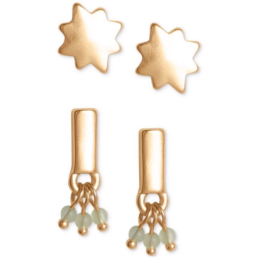 Lucky Brand Gold-Tone 2 Piece Set Star & Bead Charm Bar Stud Earrings New